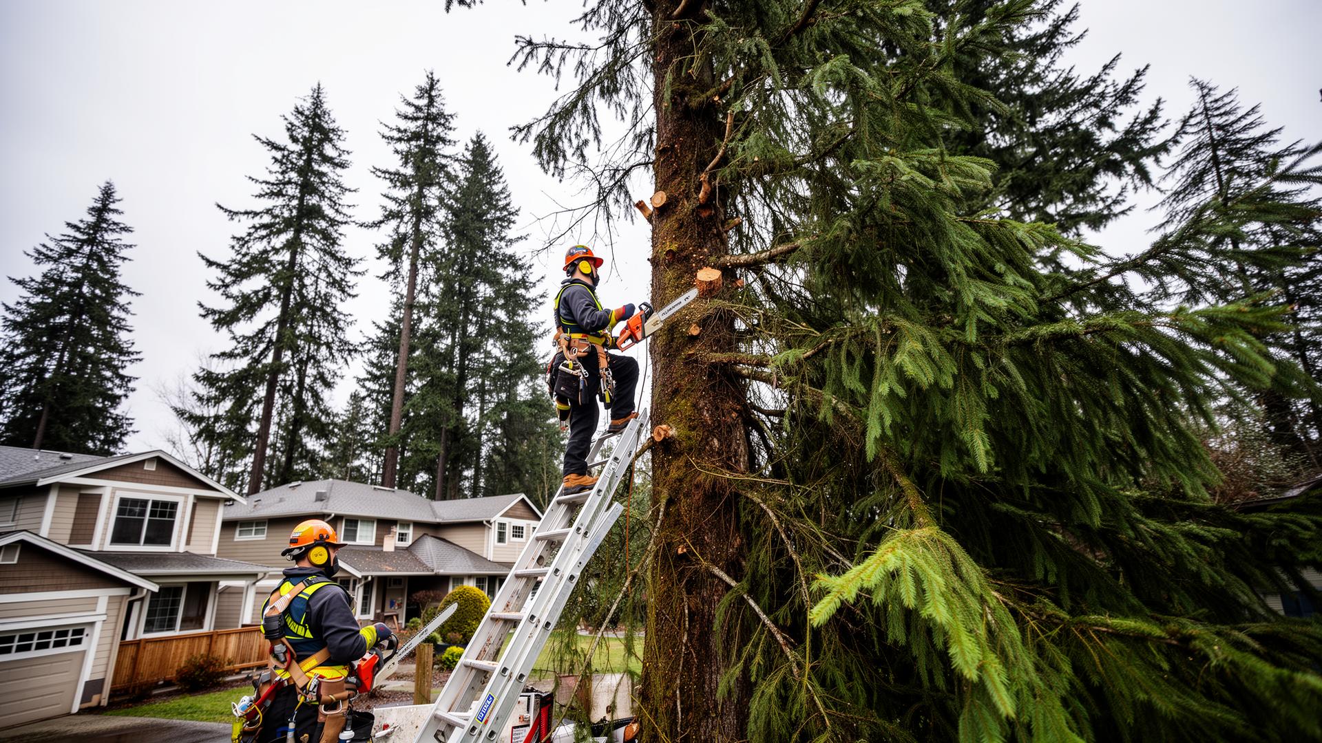 Professional tree service crew working in Bellevue, WA residential neighborhood